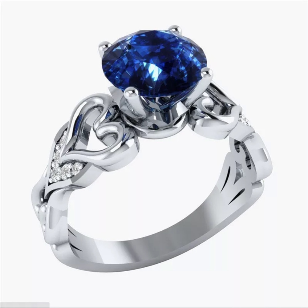 New 925 Hearts Round Cut Sapphire Women’s Ring - Picture 1 of 3